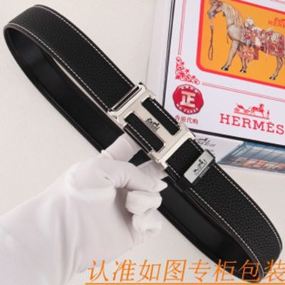1:1  Hermes Black Leather Belt with Silver 'H' buckle  Cowhide Belt 3.8cm